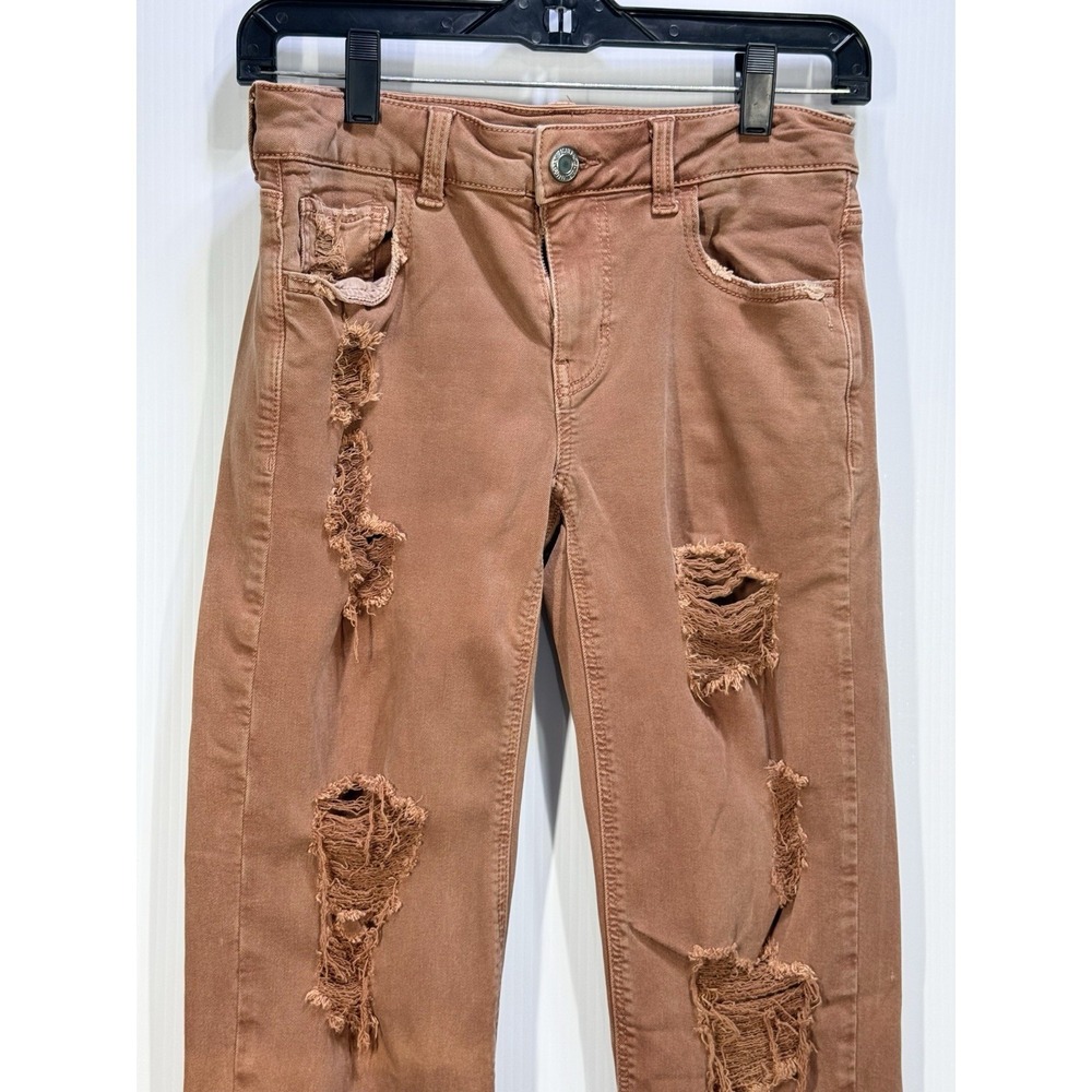 American Eagle Tomgirl Super Stretch DISTRESSED Jeans Sz 0 Rust Grunge Mauve Y2K